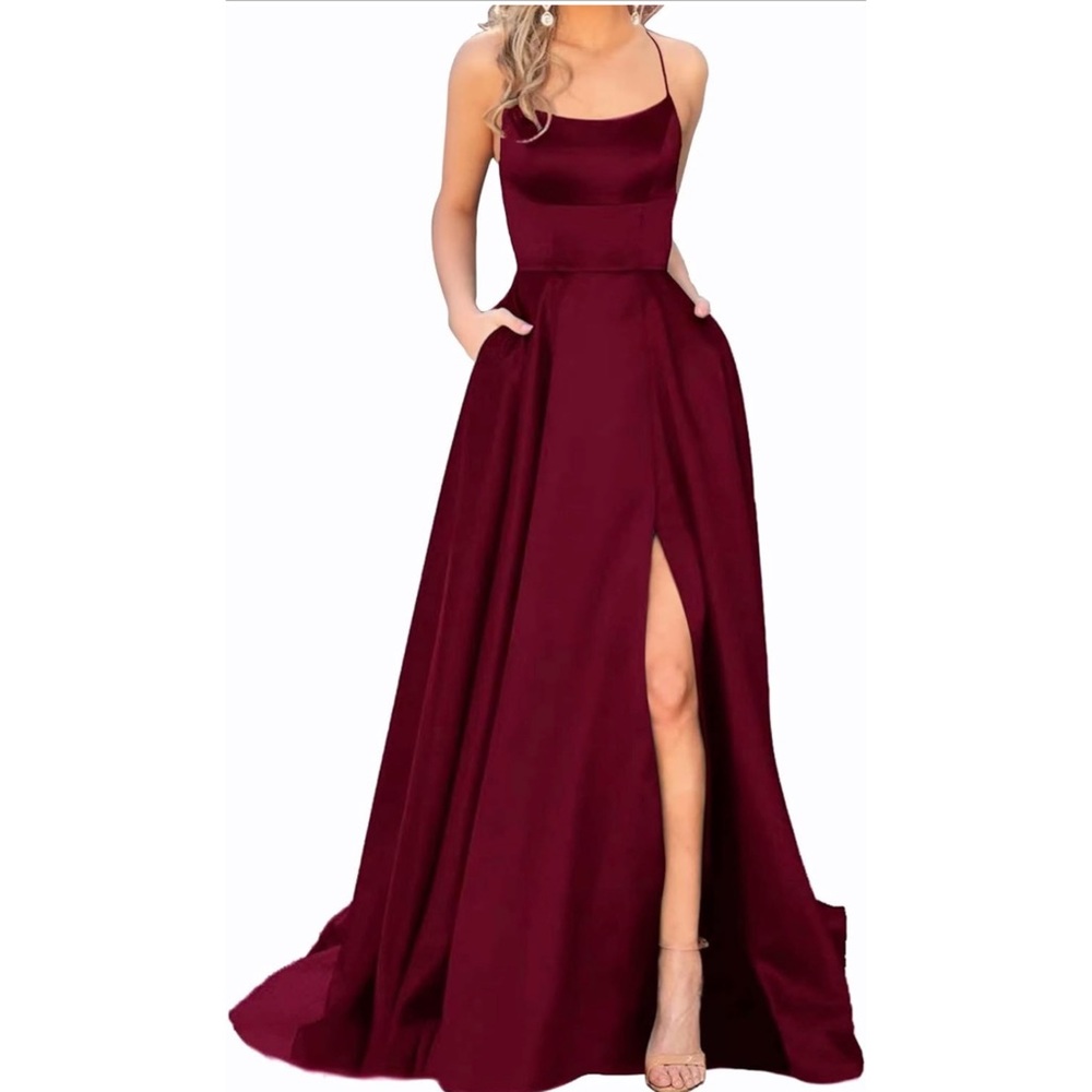 Women’s open back satin dress with slit and pockets